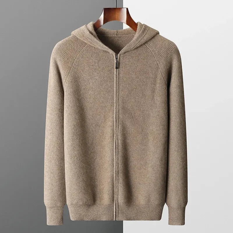 Wool Ribbed Knit Zip-Up Hoodie - Relaxed Fit
