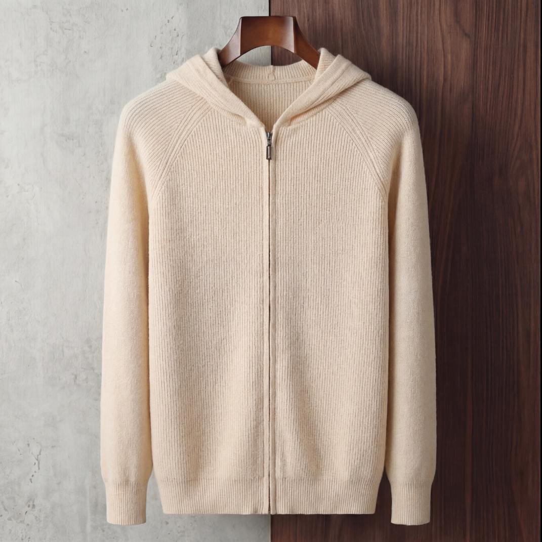 Wool Ribbed Knit Zip-Up Hoodie - Relaxed Fit