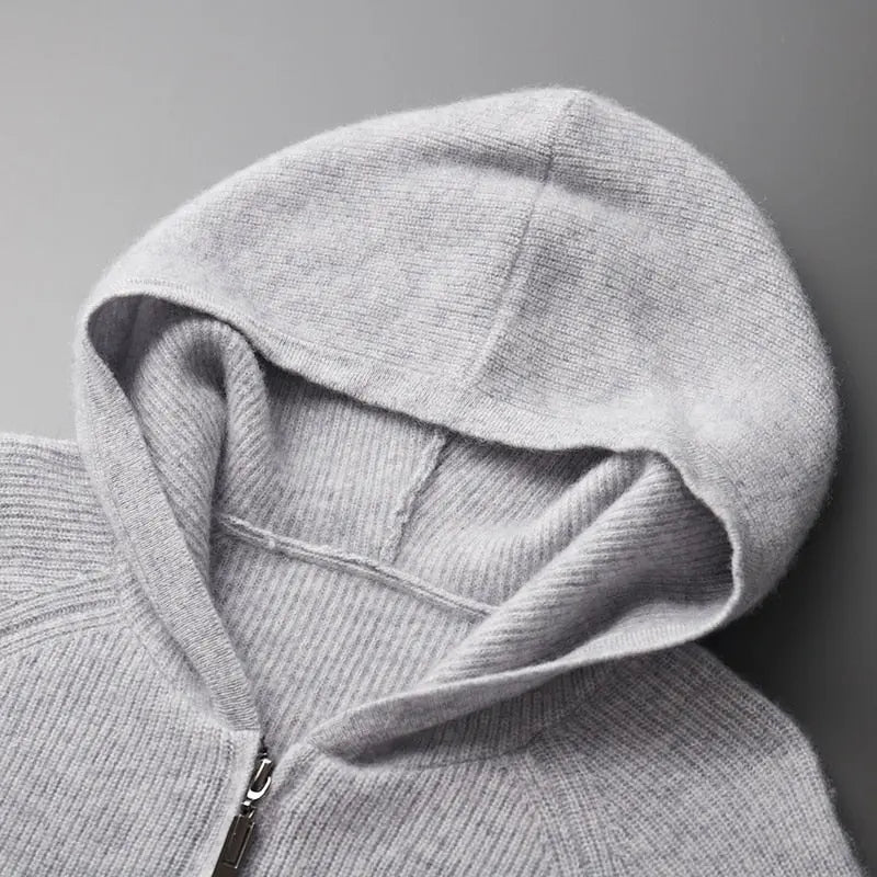 Wool Ribbed Knit Zip-Up Hoodie - Relaxed Fit