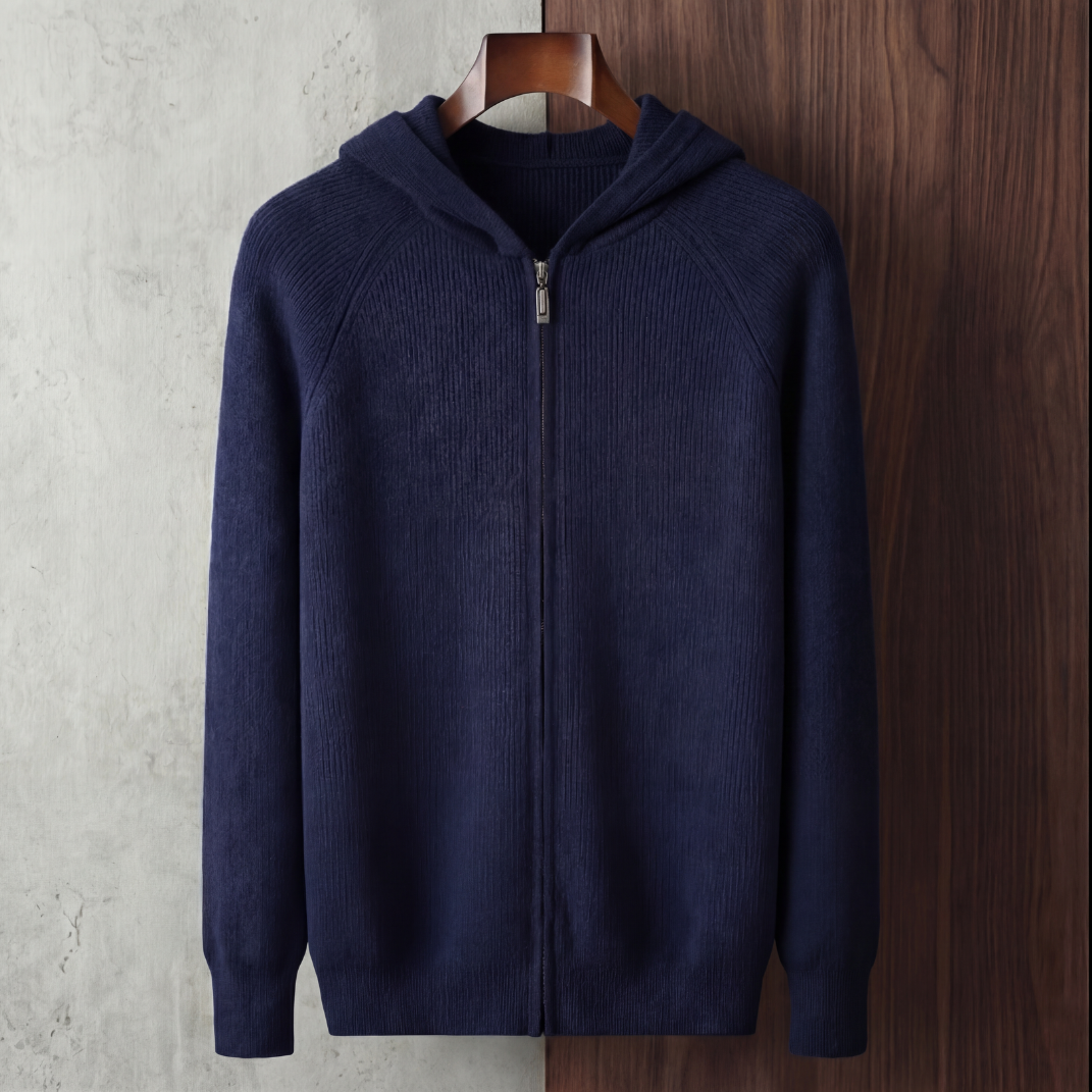Wool Ribbed Knit Zip-Up Hoodie - Relaxed Fit