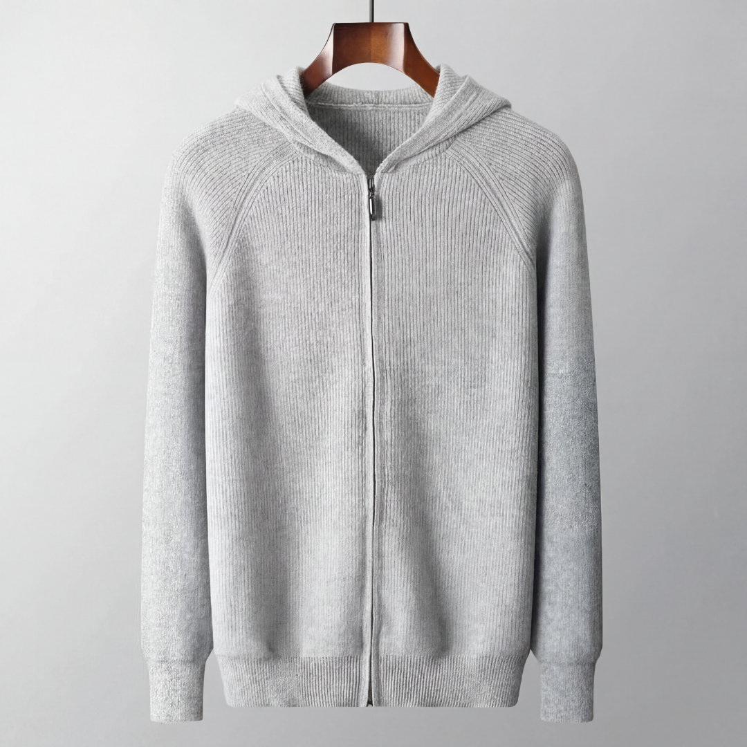 Wool Ribbed Knit Zip-Up Hoodie - Relaxed Fit