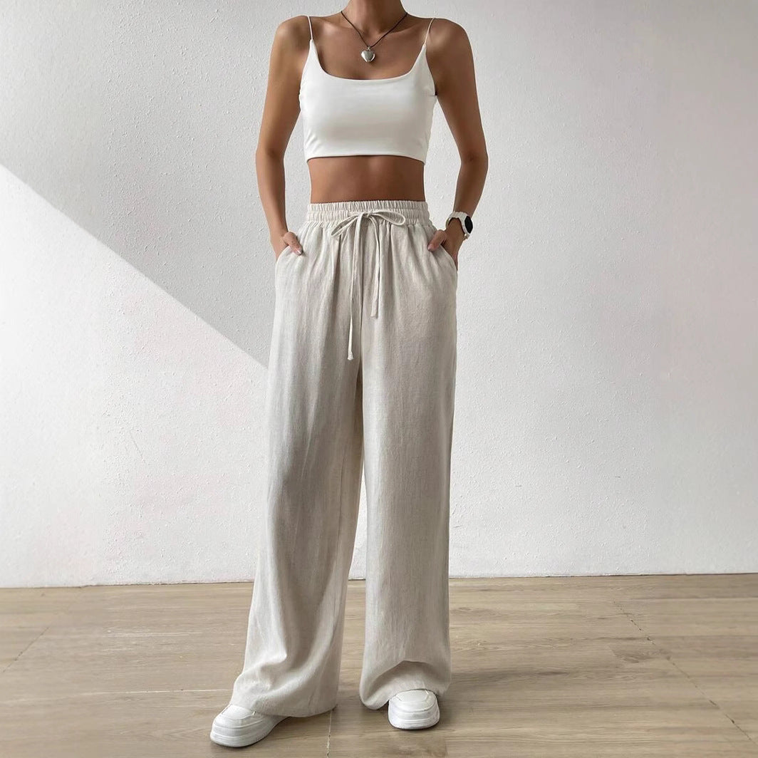 Linen Wide-Leg Drawstring Trousers - Relaxed Fit