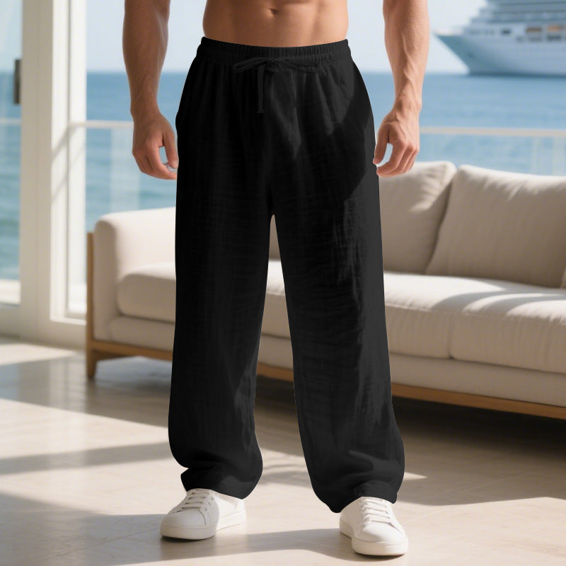 Linen Straight-Leg Trousers Drawstring Waist - Relaxed Fit