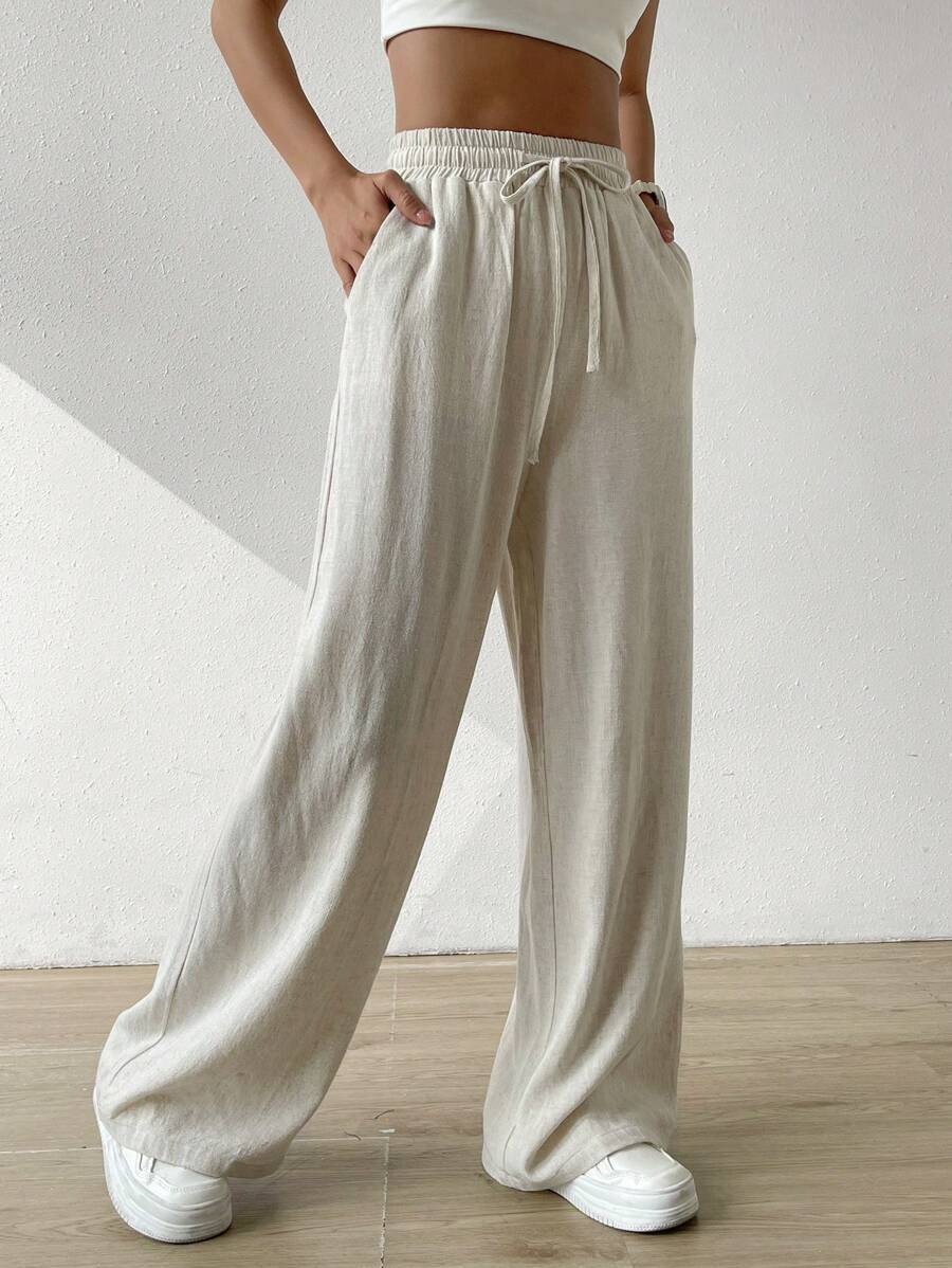 Linen Wide-Leg Drawstring Trousers - Relaxed Fit