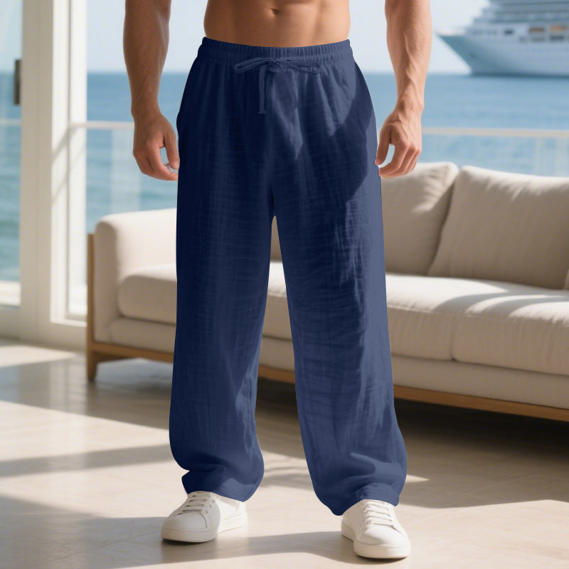 Linen Straight-Leg Trousers Drawstring Waist - Relaxed Fit