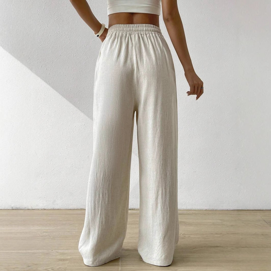 Linen Wide-Leg Drawstring Trousers - Relaxed Fit