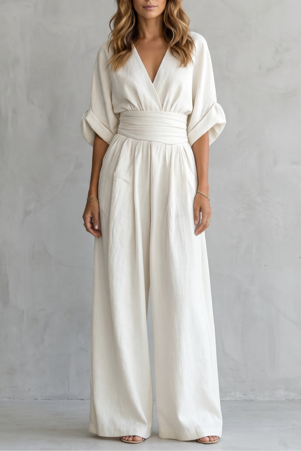 Batwing Sleeve Obi Waist Wide Leg Jumpsuit - Wrap Front