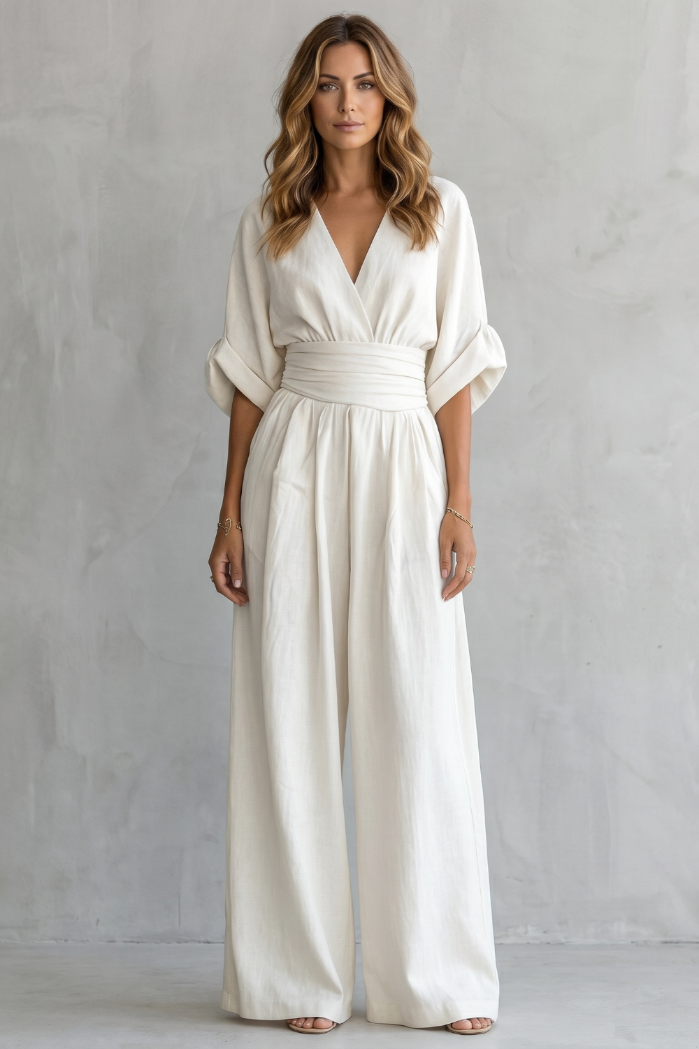 Batwing Sleeve Obi Waist Wide Leg Jumpsuit - Wrap Front
