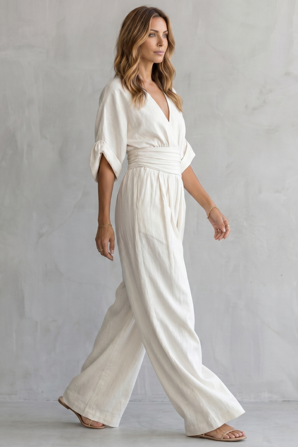 Batwing Sleeve Obi Waist Wide Leg Jumpsuit - Wrap Front