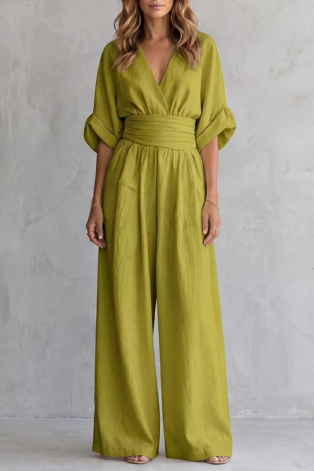 Batwing Sleeve Obi Waist Wide Leg Jumpsuit - Wrap Front