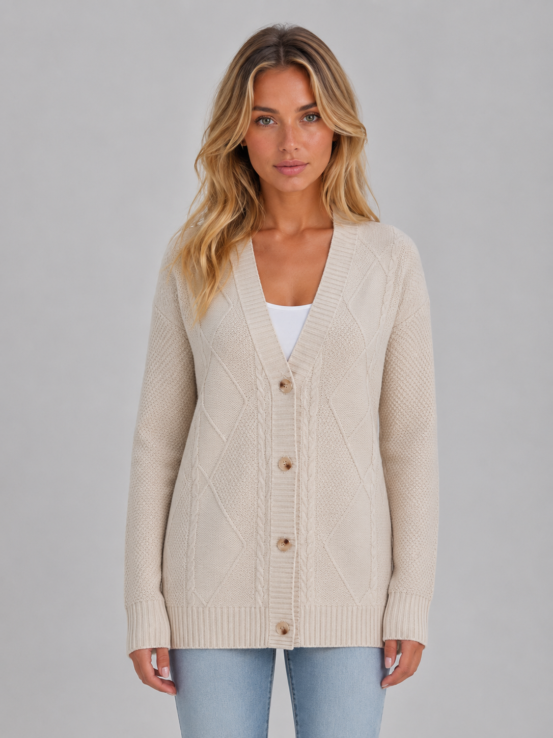 Women's V-Neck Cable Knit Cardigan – Relaxed Fit