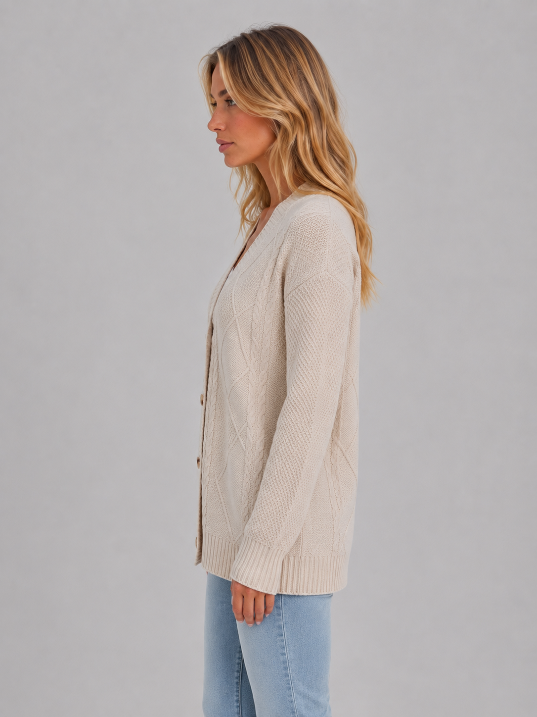 Women's V-Neck Cable Knit Cardigan – Relaxed Fit