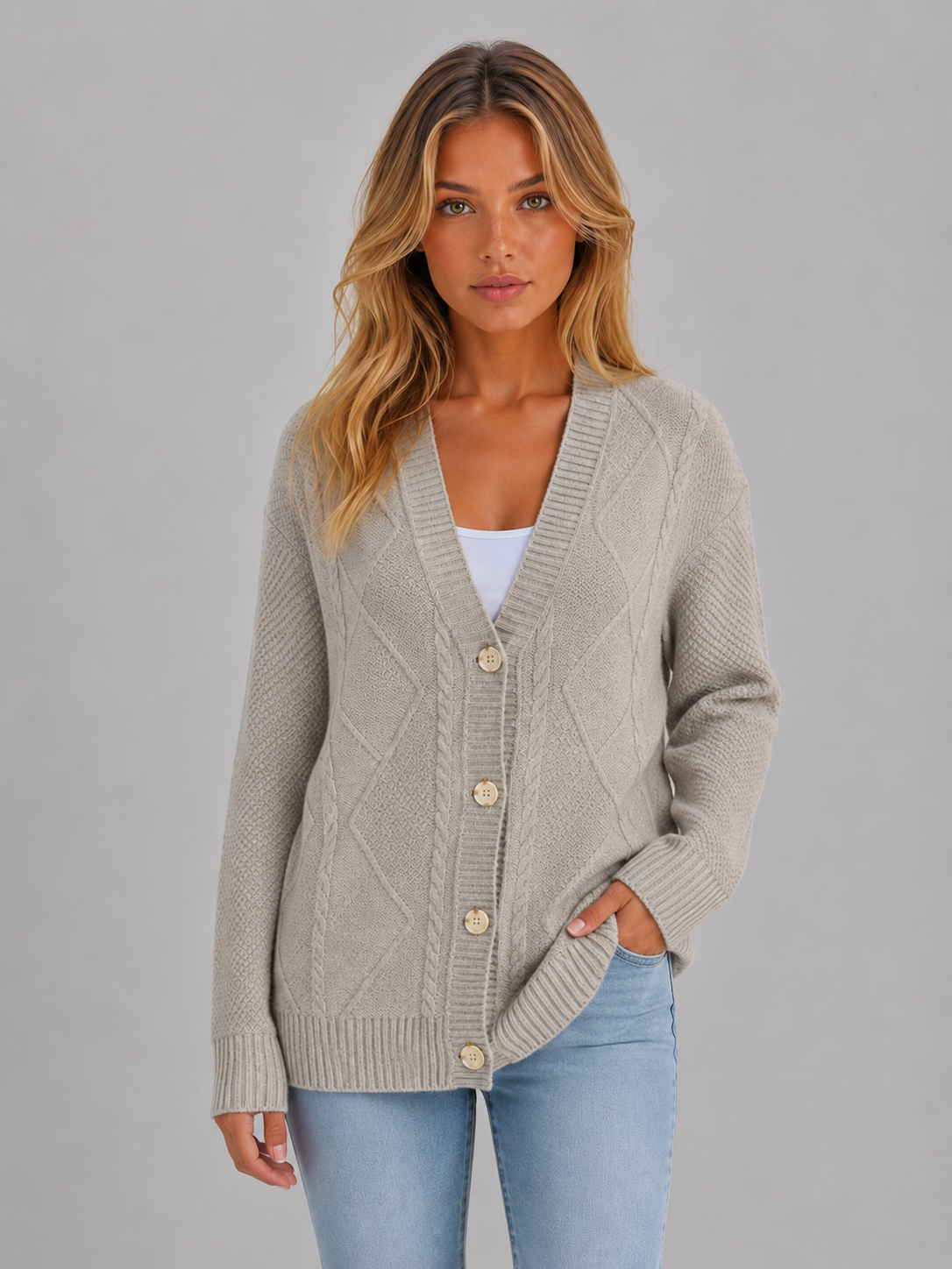 Women's V-Neck Cable Knit Cardigan – Relaxed Fit