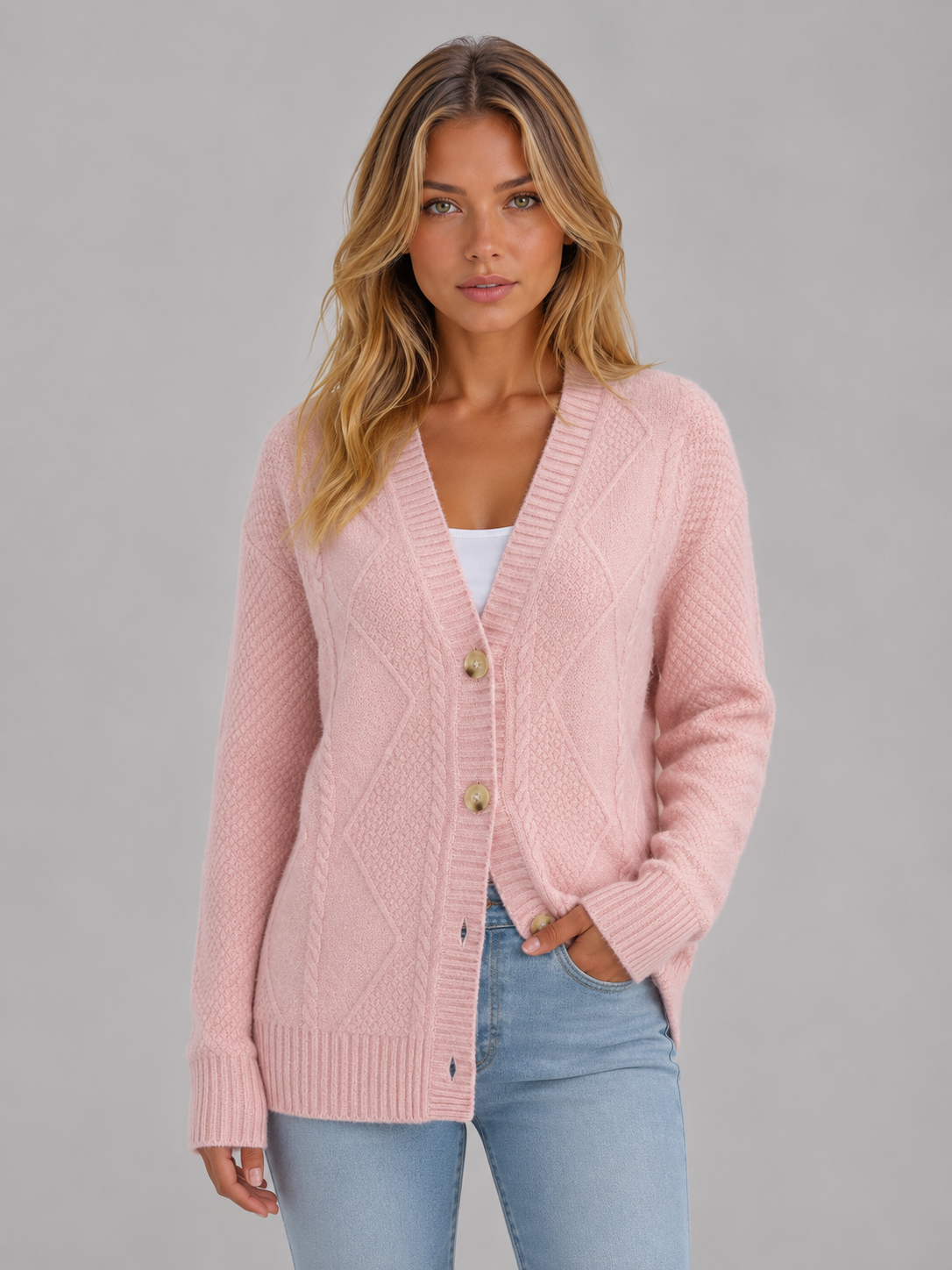 Women's V-Neck Cable Knit Cardigan – Relaxed Fit