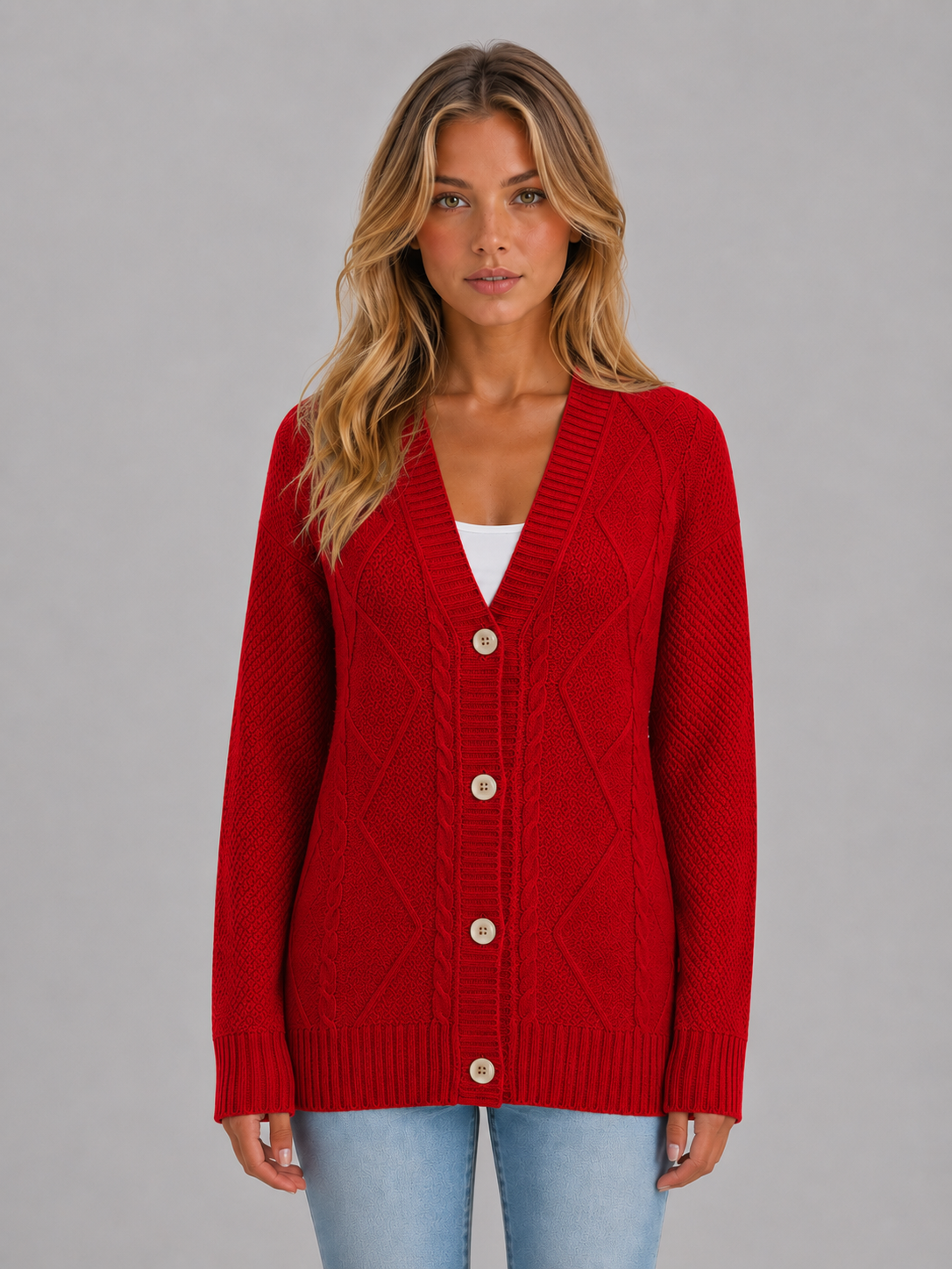 Women's V-Neck Cable Knit Cardigan – Relaxed Fit