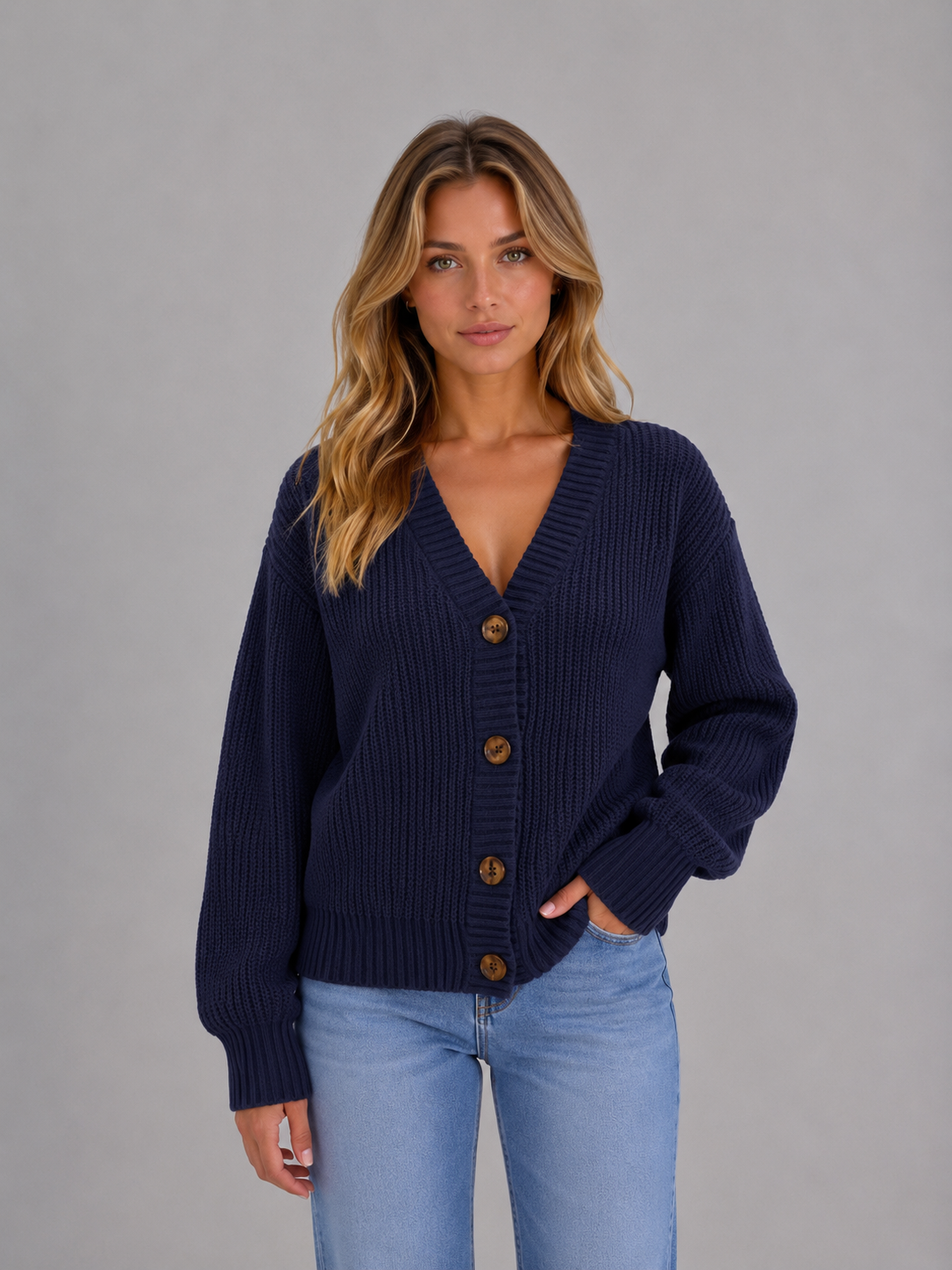 Women's Chunky V-Neck Knit Cardigan – Relaxed Fit