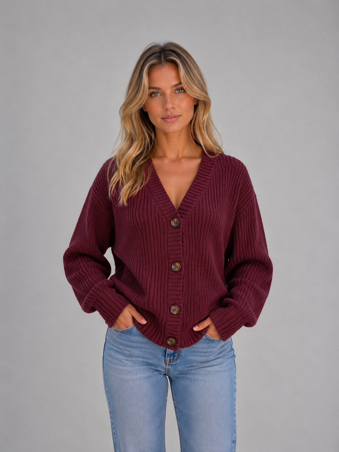 Women's Chunky V-Neck Knit Cardigan – Relaxed Fit