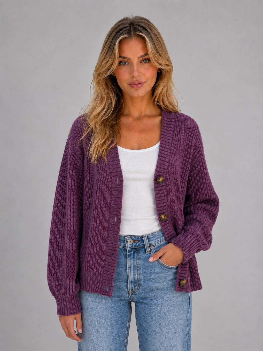 Women's Chunky V-Neck Knit Cardigan – Relaxed Fit