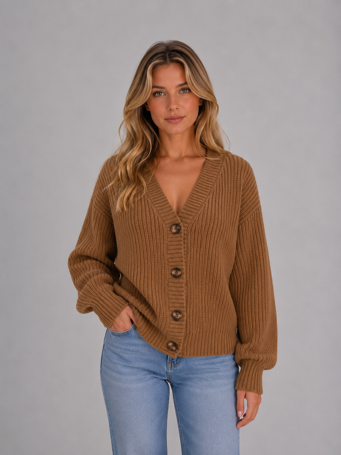 Women's Chunky V-Neck Knit Cardigan – Relaxed Fit