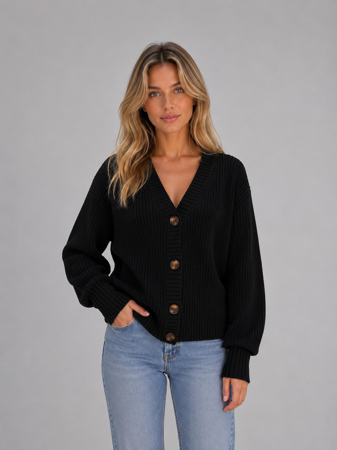 Women's Chunky V-Neck Knit Cardigan – Relaxed Fit