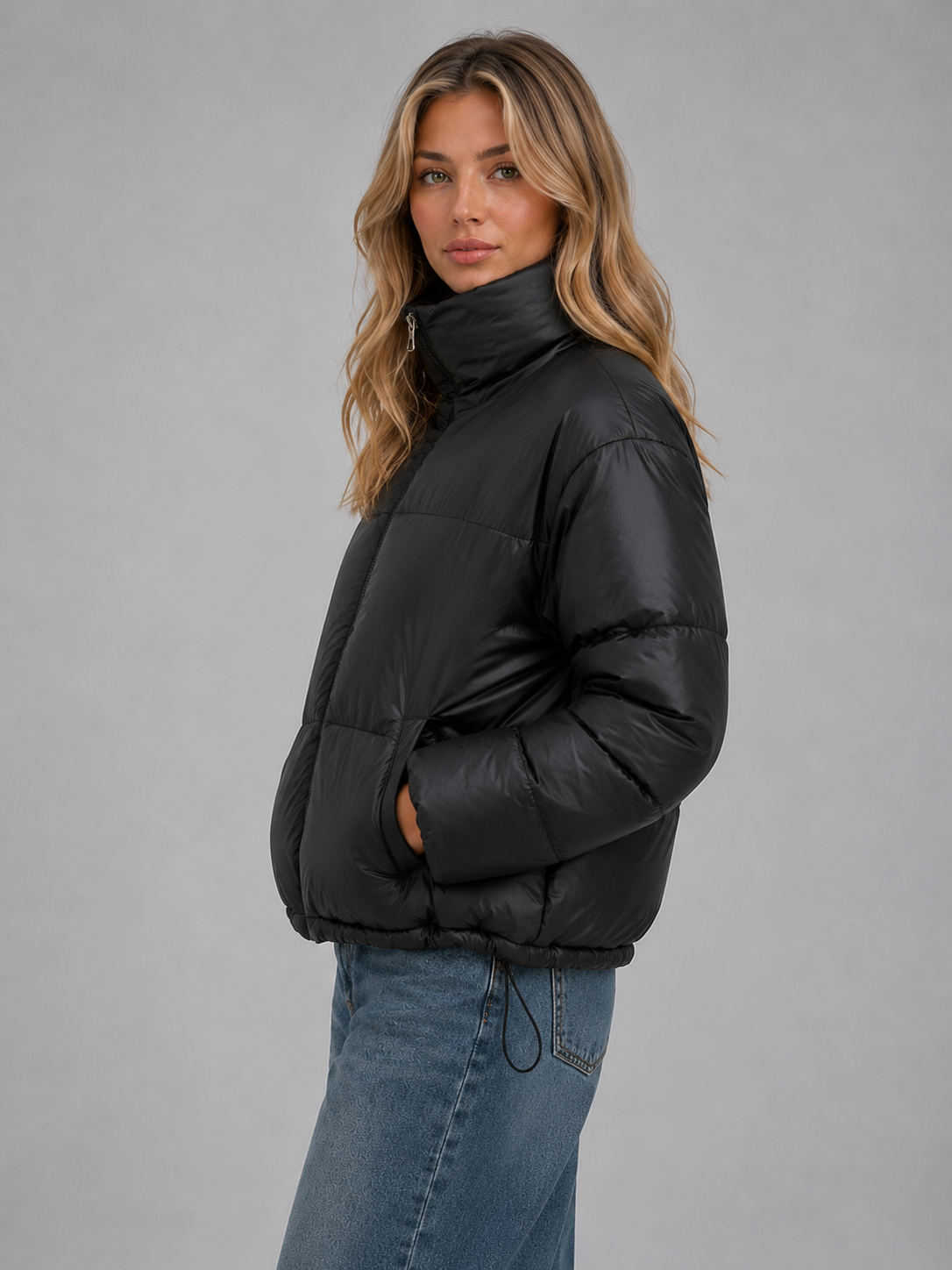 Women's High-Neck Cropped Puffer Jacket – Oversized Fit