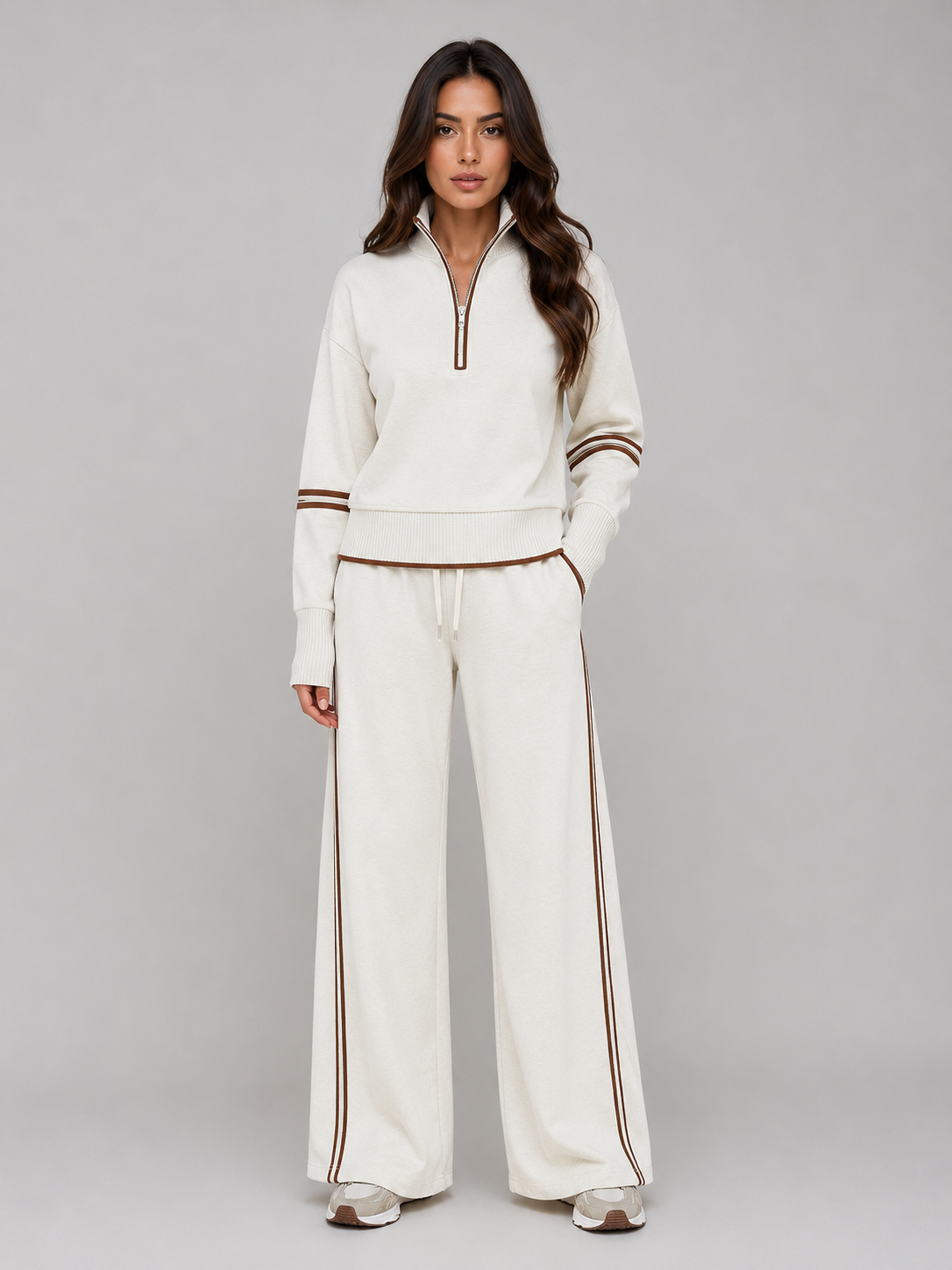 Women's Half-Zip Wide-Leg Lounge Set – Sporty Relaxed Fit