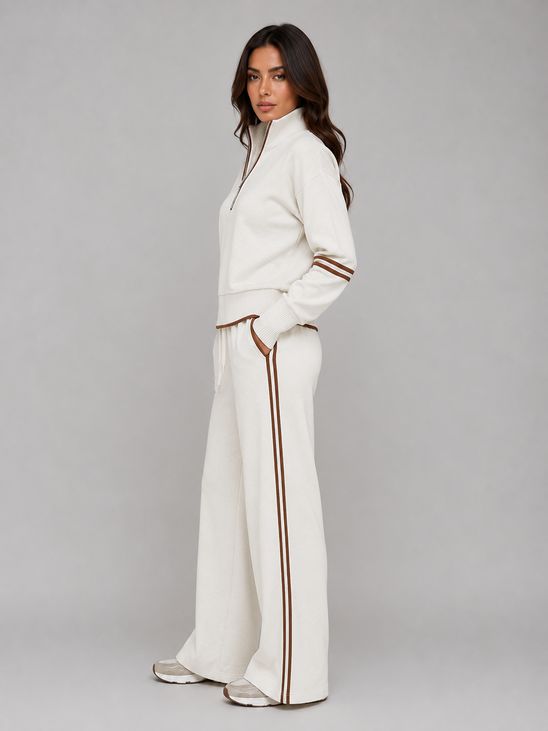 Women's Half-Zip Wide-Leg Lounge Set – Sporty Relaxed Fit