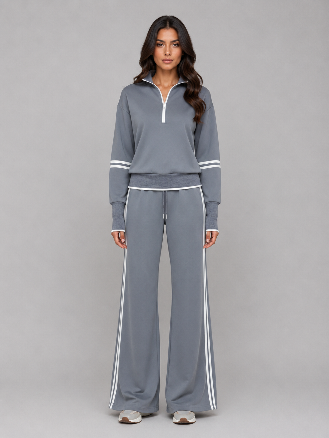 Women's Half-Zip Wide-Leg Lounge Set – Sporty Relaxed Fit