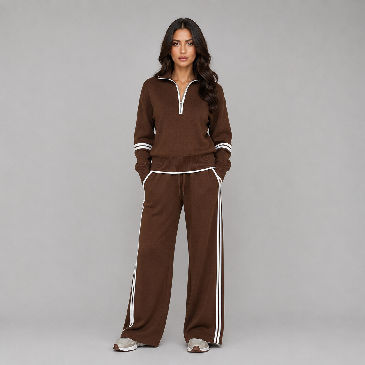 Women's Half-Zip Wide-Leg Lounge Set – Sporty Relaxed Fit