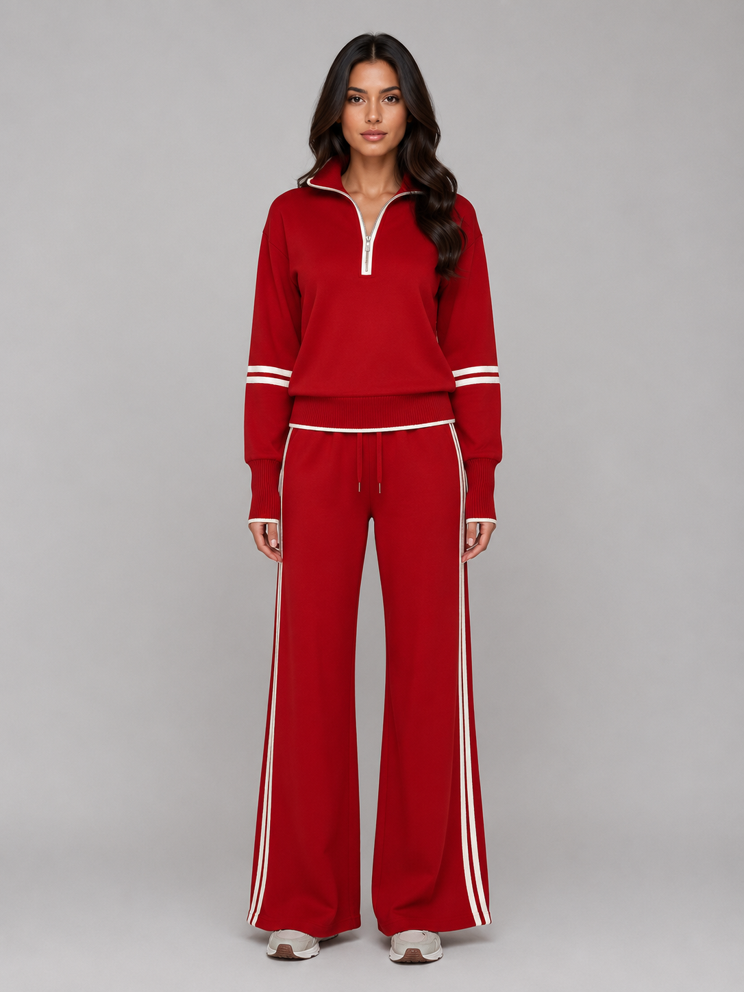Women's Half-Zip Wide-Leg Lounge Set – Sporty Relaxed Fit
