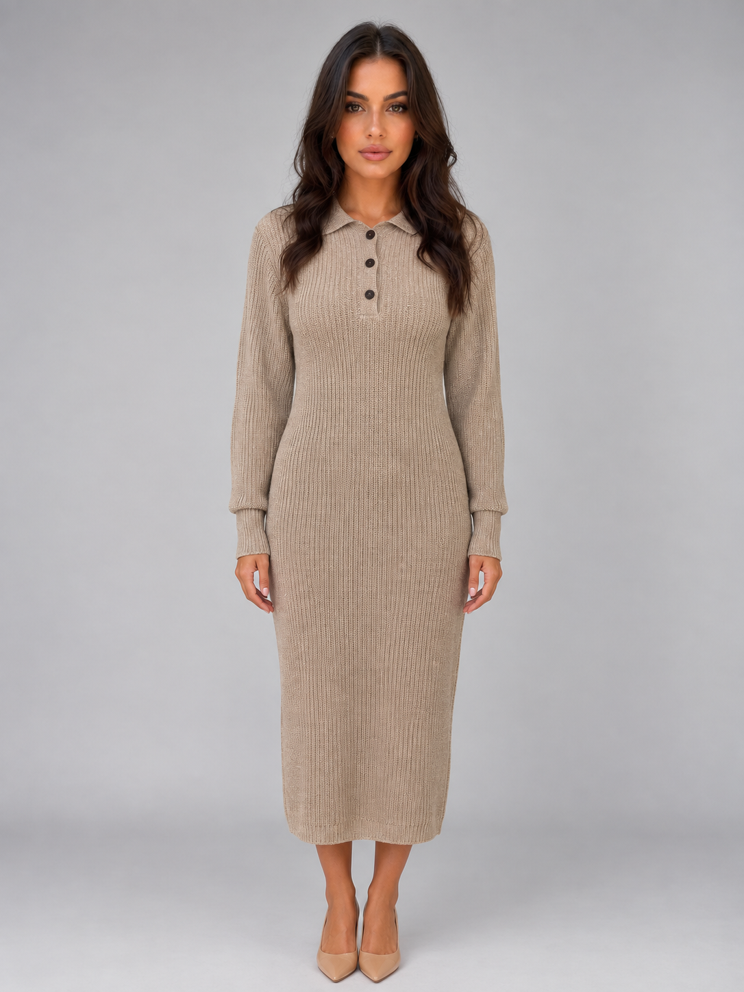Women's Knitted Midi Dress – Polo-Neck Straight Fit