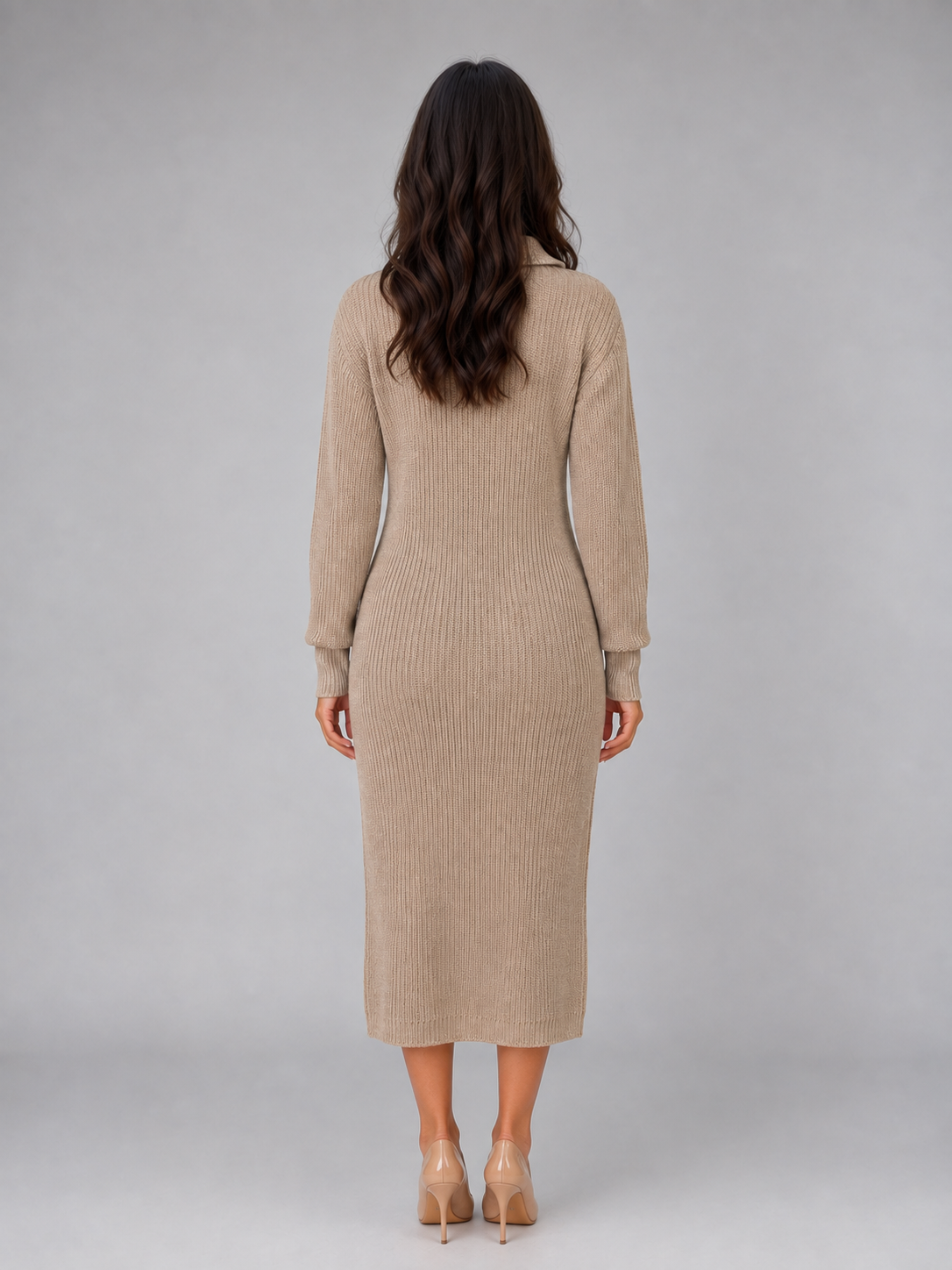 Women's Knitted Midi Dress – Polo-Neck Straight Fit
