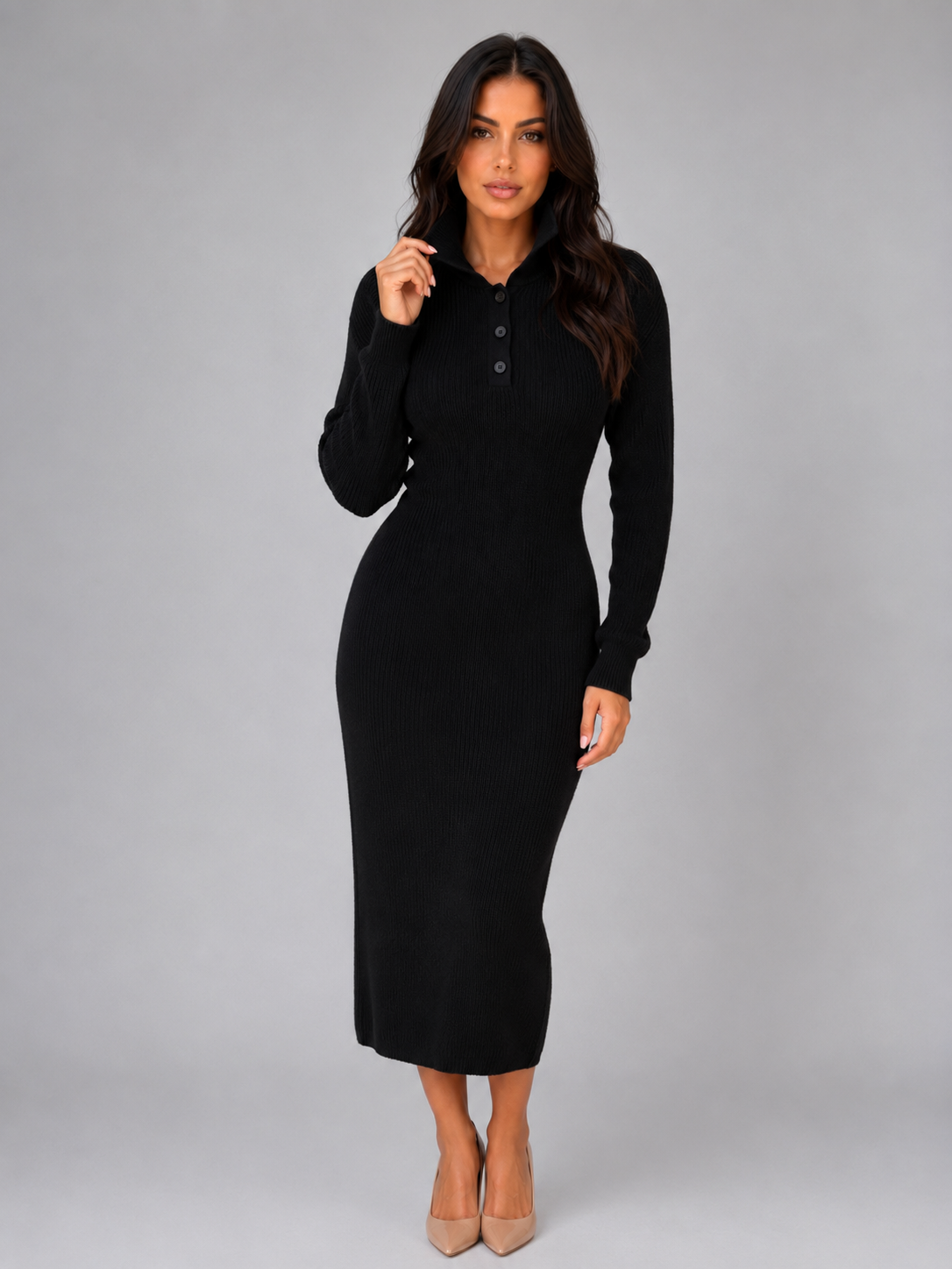Women's Knitted Midi Dress – Polo-Neck Straight Fit