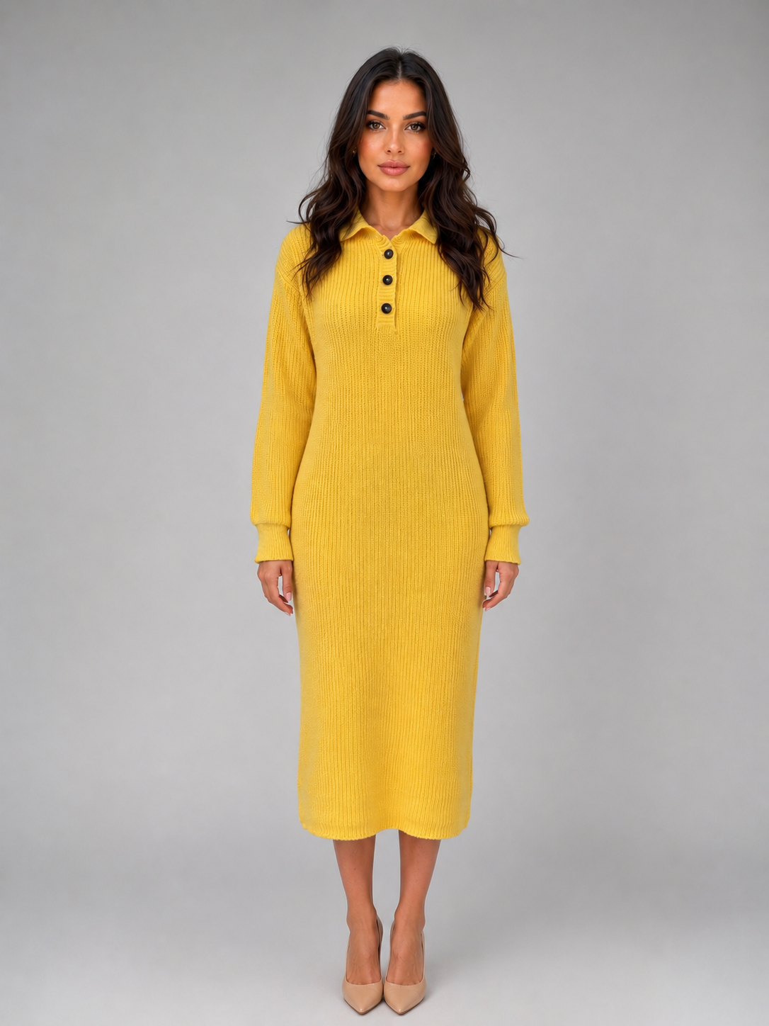 Women's Knitted Midi Dress – Polo-Neck Straight Fit