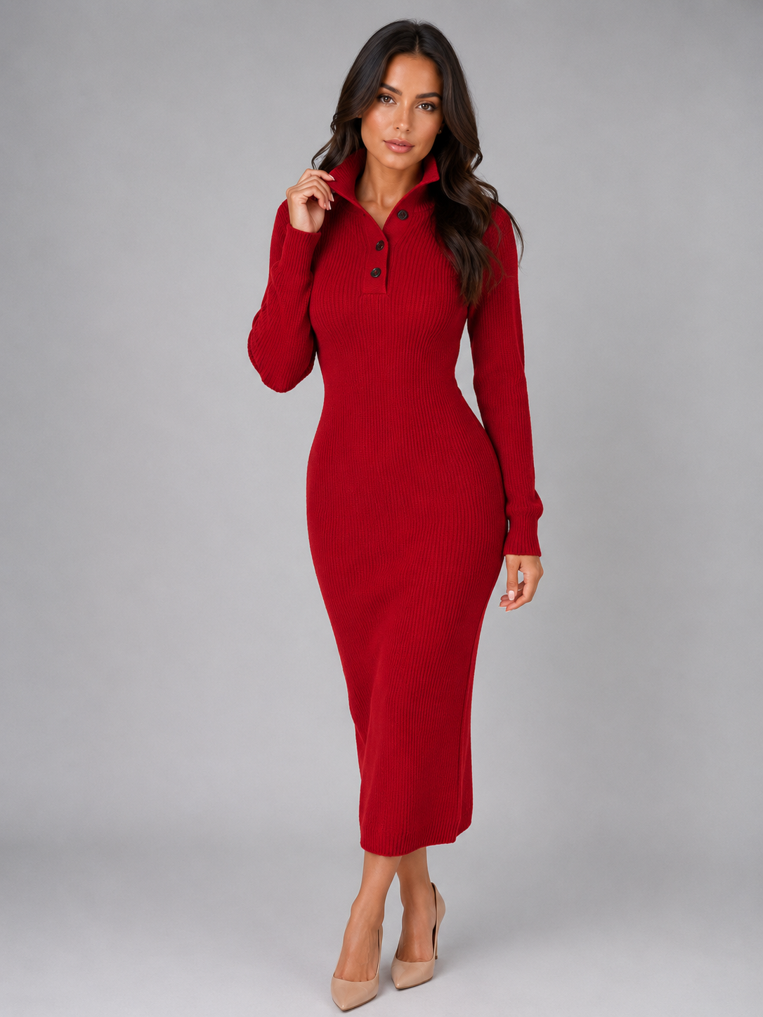 Women's Knitted Midi Dress – Polo-Neck Straight Fit