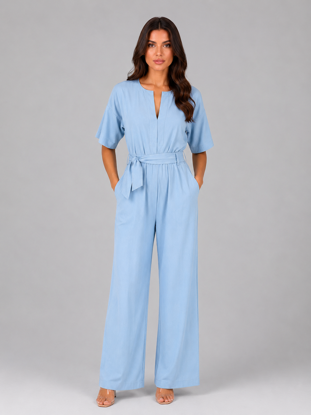 Short Sleeve Split Neck Tie Waist Wide Leg Jumpsuit