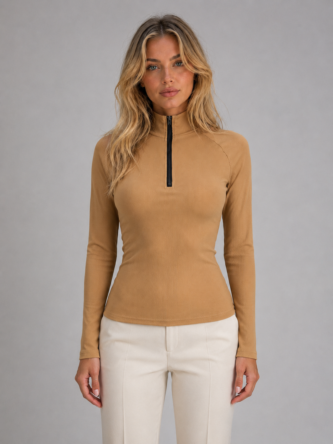 Women's Ribbed Half Zip Top – Sleek Slim Fit
