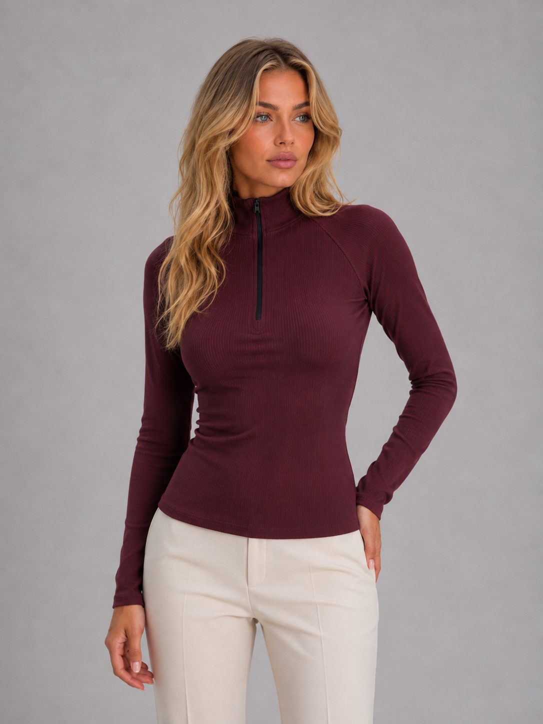 Women's Ribbed Half Zip Top – Sleek Slim Fit