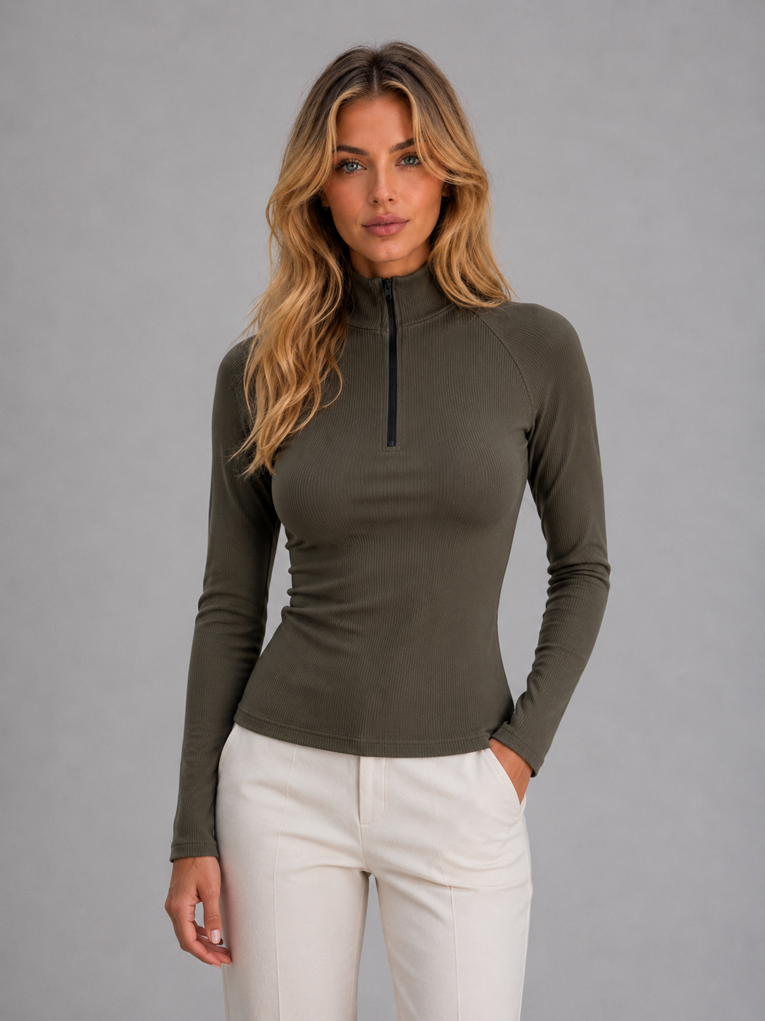 Women's Ribbed Half Zip Top – Sleek Slim Fit