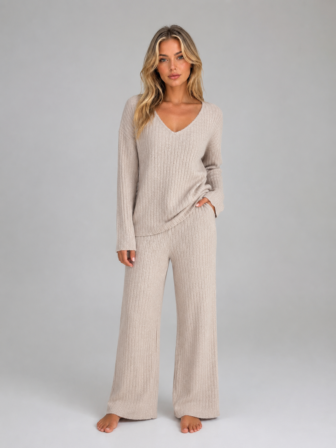 Women's V-Neck Ribbed Knit Lounge Set – Relaxed Fit