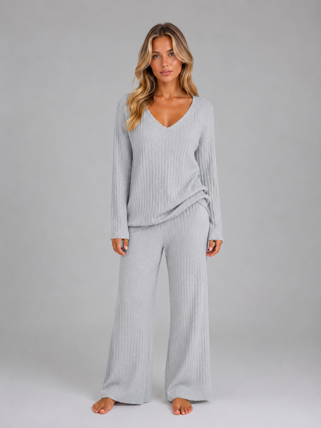Women's V-Neck Ribbed Knit Lounge Set – Relaxed Fit