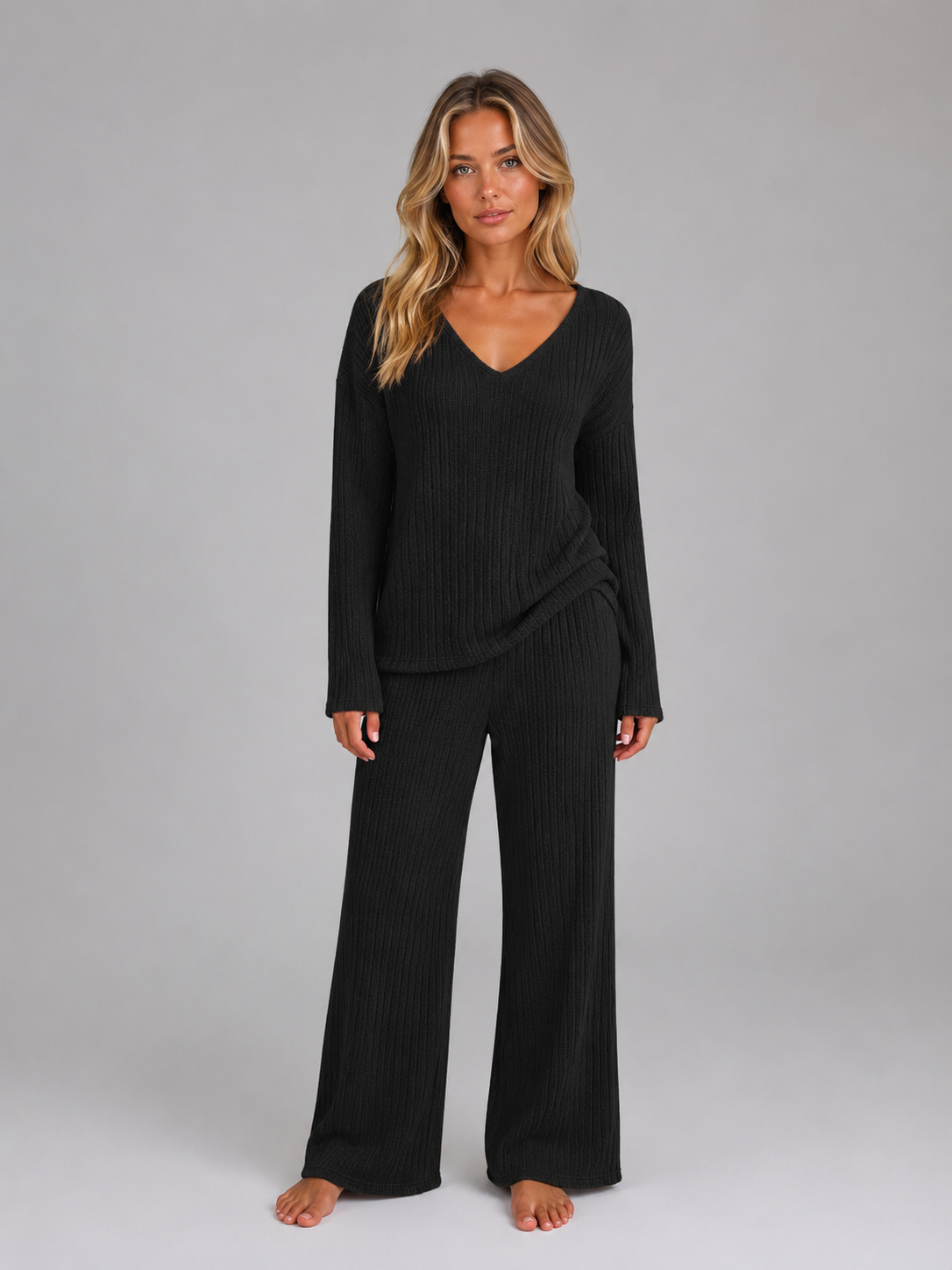 Women's V-Neck Ribbed Knit Lounge Set – Relaxed Fit