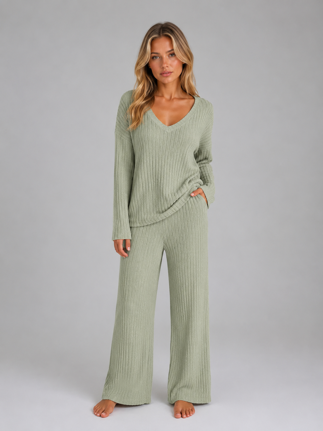 Women's V-Neck Ribbed Knit Lounge Set – Relaxed Fit