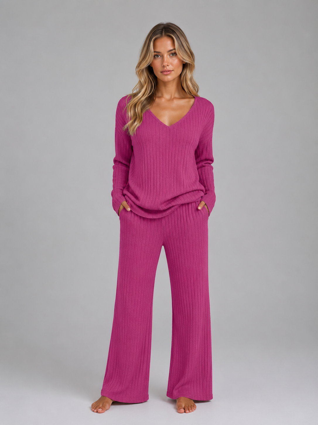 Women's V-Neck Ribbed Knit Lounge Set – Relaxed Fit