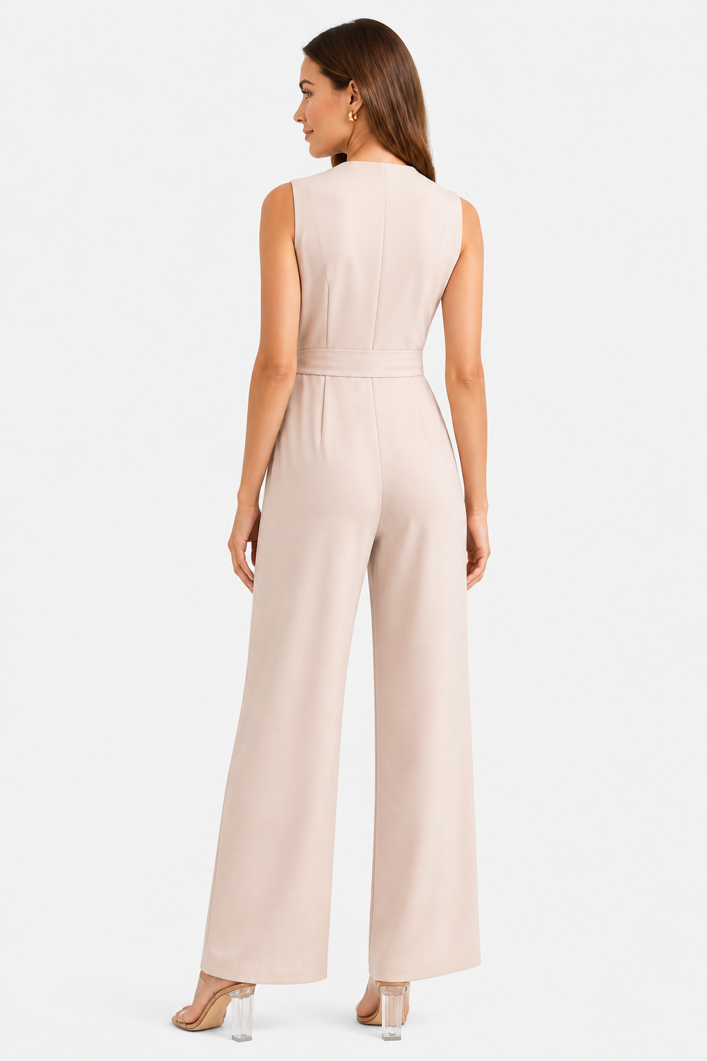 Women’s Sleeveless Wide Leg Jumpsuit – Elegant Tie Waist Style - Apricot - back
