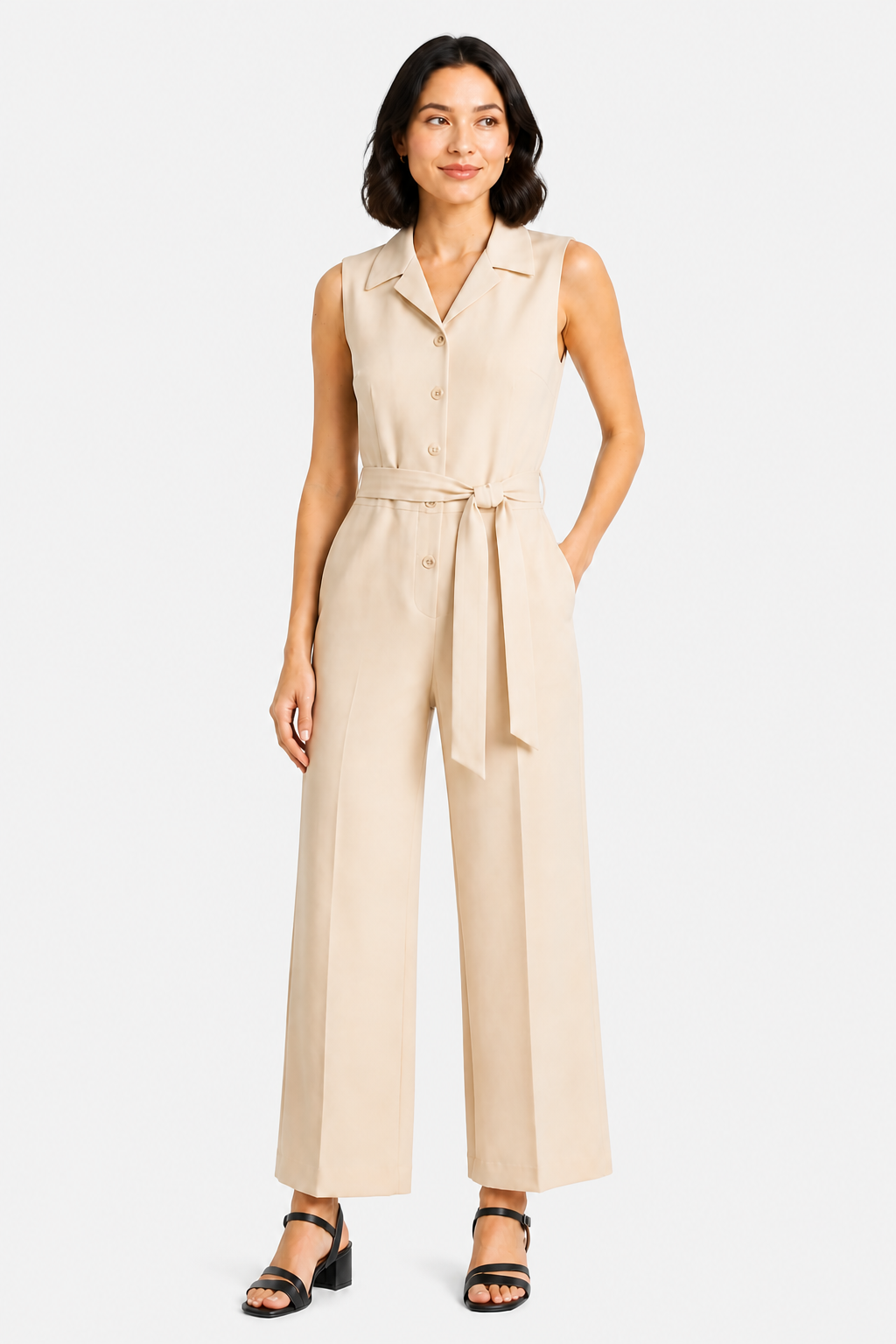 Orléane – Belted office elegance – Wide-leg jumpsuit - Apricot - front