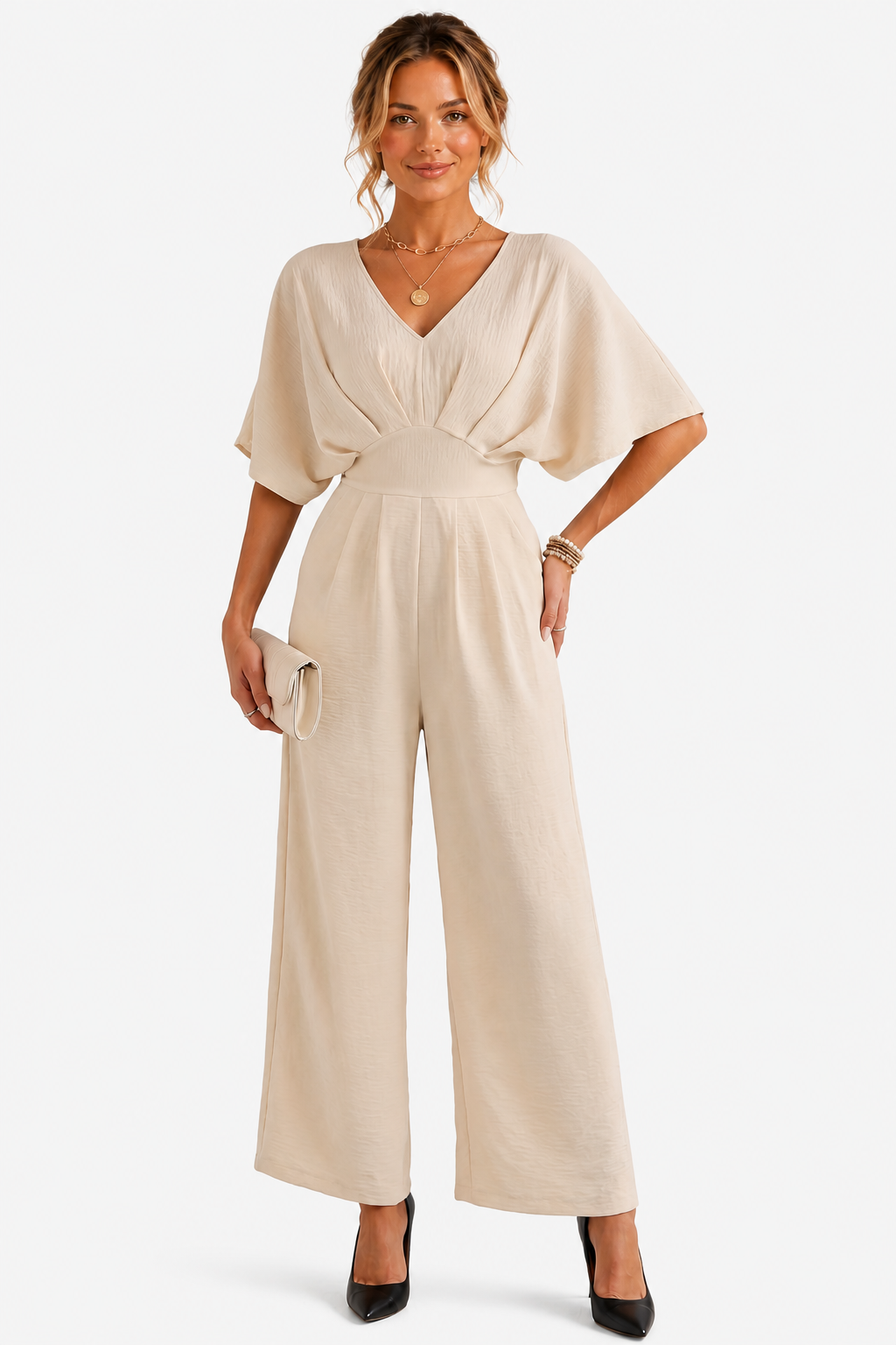 Lunévia – Elegant batwing silhouette – Jumpsuit - Apricot - front