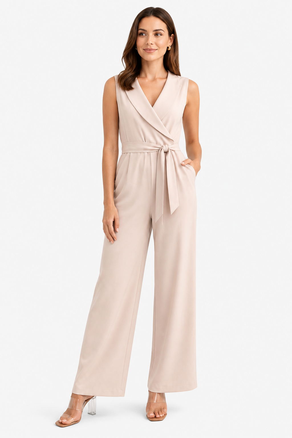 Women’s Sleeveless Wide Leg Jumpsuit – Elegant Tie Waist Style - Apricot - front