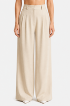 High Waist Wide Leg Trousers - Pleated - Apricot - front