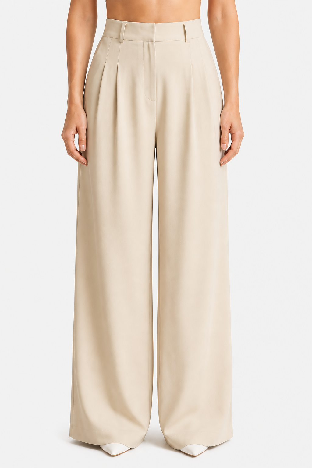 High Waist Wide Leg Trousers - Pleated - Apricot - front